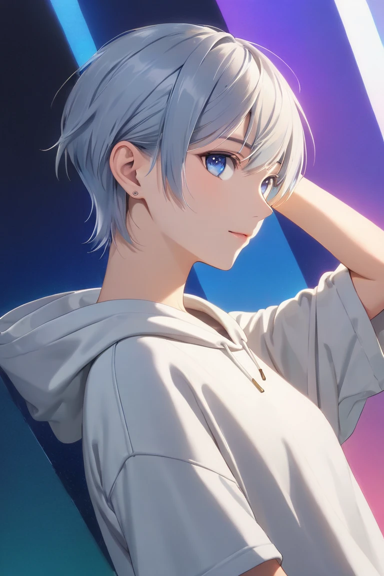 short, tousled light gray hair with a faint bluish tint, sleek and casual hairstyle with soft layers, (boyish and androgynous charm:1.9), calm and introspective young woman, short textured bangs, layered long nape, modern minimalistic style, (oversized hoodie or casual t-shirt:1.3), (relaxed-fit pants:1.3), ethereal and mysterious atmosphere, serene and gentle smile, cinematic lighting, crisp details, vibrant colors, beautiful detailed face and eyes, natural posing, looking at the camera, relaxed expression, all body, low angle, vibrant tones, clear center part (center part:1.2), small eyes (subtle:0.3), parted bangs (balanced:1.2), low hair volume (natural:1.3), side undercut (minimal:1.2), compact and neat hair around the left side near the ear and nape, long nape (enhanced:1.2), (Well-Defined Facial Features:0.2), (Pink Lips:0.4), medium breasts, beautiful body, slim figure, Beautiful breasts, BREAK, beauty legs, Long, slender legs, Flat shading, vivid colors, sharp line art, clean outlines, cell shading, minimal texture, anime background, simple and elegant composition, cinematic yet anime-inspired lighting, vibrant tones, and a clear, (2D anime style:1.3). (Perfect Anatomy:1.3), front view, (Fine Details and Realistic Textures:0.2),