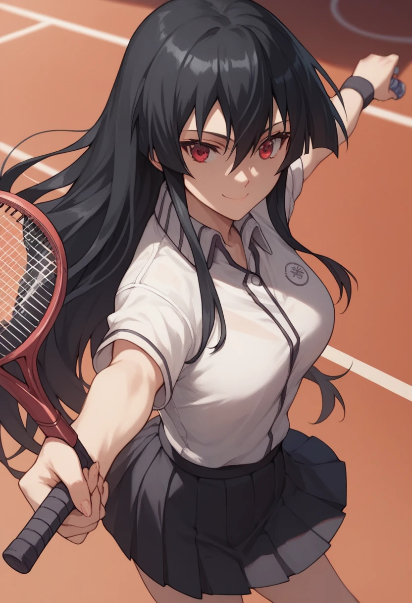 1girl,solo,akame, long hair, black hair, red eyes, hair between eyes, smiling , tennis uniform, white shirt, pleated skirt,holding a tennis racket, playing tennis,background Tennis court