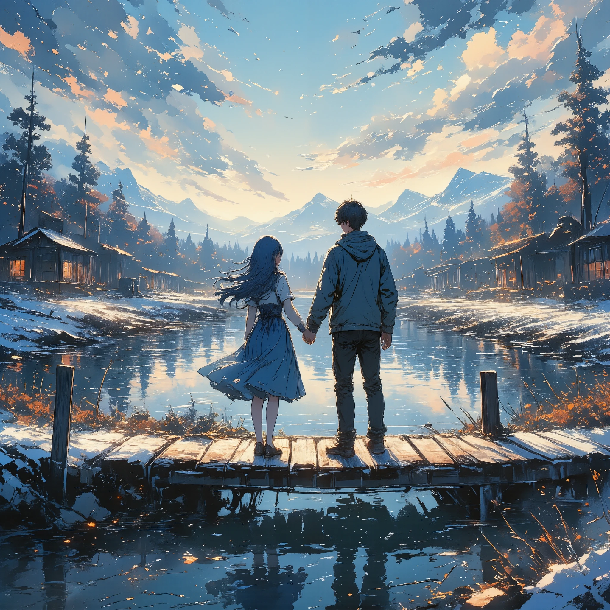a couple holding hands, a girl with a blue dress and long blue hair, a guy, standing in on pier above lake, wooden rustic pier, lake, clear, reflection, trees reflecting, couple holding hands standing in lake, autumn colors, facing away from camera, autumn trees, trees flying in wind, birds, detailed environment, realistic, photorealistic, photorealistic: 1.37, best quality, 4k, 8k, high resolution, masterpiece: 1.2 , ultra-detailed realistic snow texture, detailed snowscape, dramatic lighting, cinematic compositing, (best quality,4k,8K,high resolution,masterpiece:1.2), ultra detailed, sharp focus, (realistic,photorealistic,photo-realistic:1.37), dramatic lighting, moody lighting, cinematic lighting, chiaroscuro lighting, dramatic shadows, dramatic moments , vivid colors, intense colors, deep contrast, cinematic depth of field, cinematic composition, cinematic camera angle