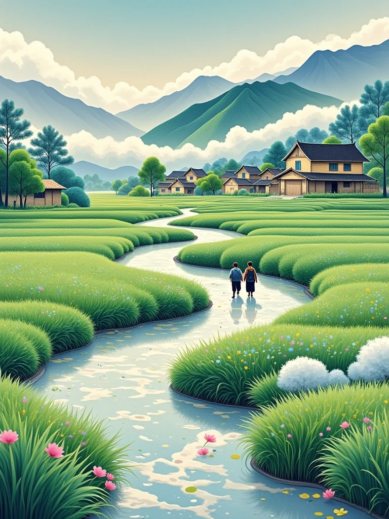 Idyllic countryside ，Turquoise rice paddies，Winding country roads，Quaint farmhouse， bright cooking smoke ， bright flowers ， A clear creek flows by the village，Bamboo fence， green vegetable field ， ancient water wheel ，Bright lotus flowers，Fragrant wildflowers， dense woods ， warm sunshine， shaded by ancient trees at the head of the village ，32k ultra high definition， high quality， ultra high resolution