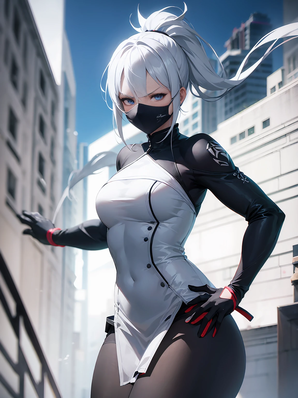 "Create a female character in a futuristic environment, With a detailed appearance and striking style. She should be wearing a white mask with rabbit ears, Which gives her a mysterious and somewhat playful appearance. The mask should have subtle details that suggest a touch of technology or futuristic functionality.
The character's hair should be blonde, smooth ass, And be tied in a long braid that goes down her back. Dress her in a vibrant orange T-shirt, Slightly worn, With the word 'Free Fire' printed on the back. Underneath the t-shirt, She should wear a long black sleeve that covers her arms.
The character should be wearing black pants with utility details, As extra bags, buckles, And orange belts with the word 'Boom' inscribed on them, Adding a military touch to her look. She should also wear black and yellow athletic boots with a robust and futuristic design, Complementing her outfit with practical and functional accessories.
The character's pose should be standing, com uma postura confiante, Suggesting readiness and determination. The background should be dark with soft lighting that highlights the colors of the costume and the details of the mask, While the environment around suggests a futuristic and slightly dystopian urban space, With highlights and shadows."