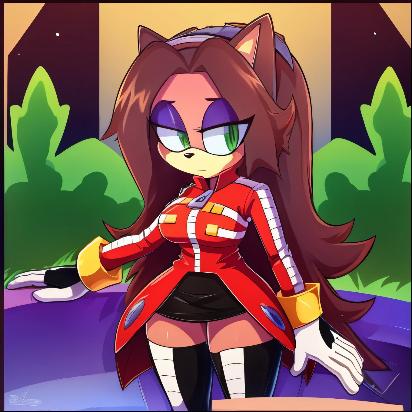 score_9, score_8_up, score_7_up, ((Masterpiece)), high quality, studio quality, 1girl, (Queen Aleena), Female, Mobian, hedgehog, light purple fur, purple hair, green eyes, Eggman cosplay, Eggma’am cosplay, Eggma’am outfit, (White jacket), black or grey skirt, black thigh high boots, looking at viewer, blush, forest, lower back length hair, long hair/quills, hair bangs, tired, slightly depressed
