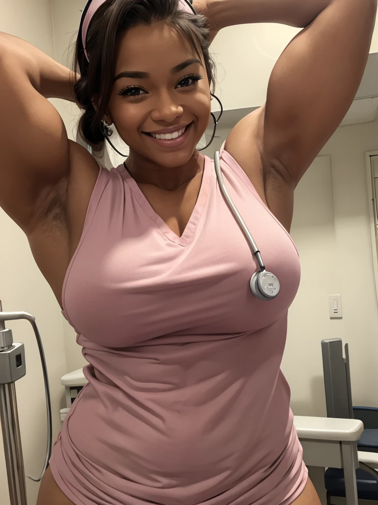 cute muscular nurse at the hospital, smiling. big biceps . sweaty armpits. Make in drawing
