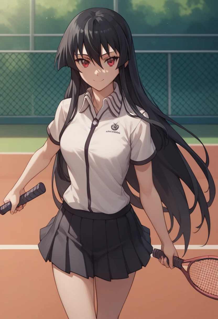 1girl,solo,akame, long hair, black hair, red eyes, hair between eyes, smiling , tennis uniform, white shirt, pleated skirt,holding a tennis racket,background Tennis court