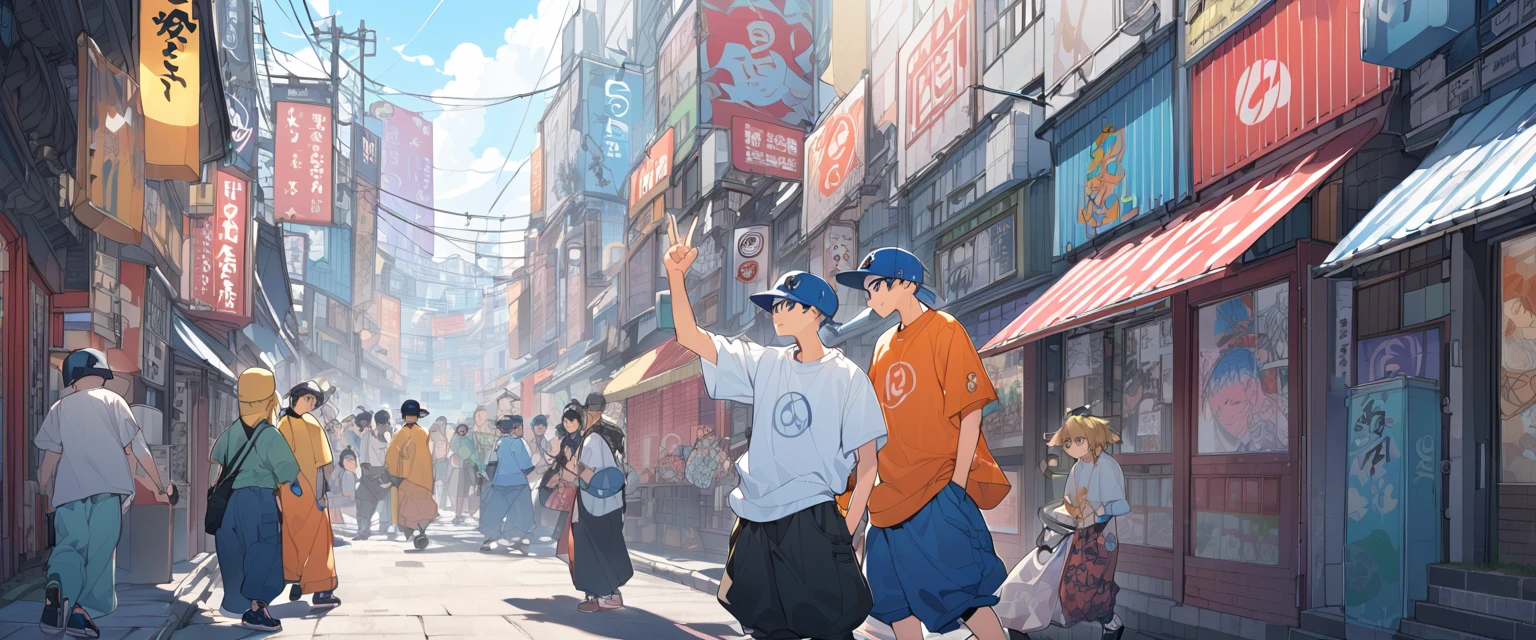 Create a detailed anime illustration of a Naruto, standing in a vibrant, bustling urban street. He should be dressed in casual streetwear: a baseball cap, baggy pants, and a graphic t-shirt. is holding up a peace sign with his right hand, his expression calm and slightly neutral. Use a two-tone pastel background to highlight the modern street scene, featuring various signs in Japanese, colorful storefronts, and a generally busy atmosphere