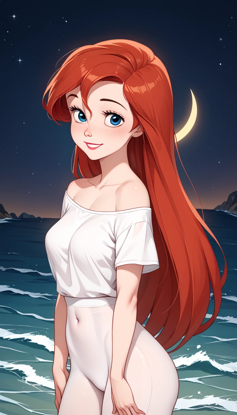 score_9, score_8_up, score_7_up, DisneyAriel, 1girl, red hair, blue eyes, long hair, looking at viewer, wearing a white off the shoulders ruffle maxi dress, short sleeve, standing on the beach, waves gently lapping at the shore, night skies with blue and purple hues with sparkling stars, relaxed and contemplative atmosphere, upper body, smile, arms at side, a crescent moon