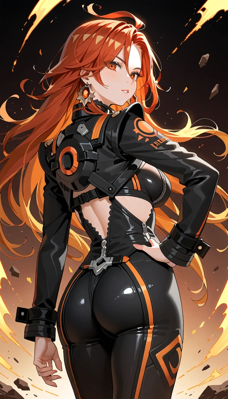 1girl, mavuika, solo, breasts, long hair, ass, red hair, large breasts, looking at viewer, arena background, bodysuit, detailed background, hand on hip, looking back, earrings, jewelry, red eyes, bangs, serious, long sleeves, parted lips, hourglass figure