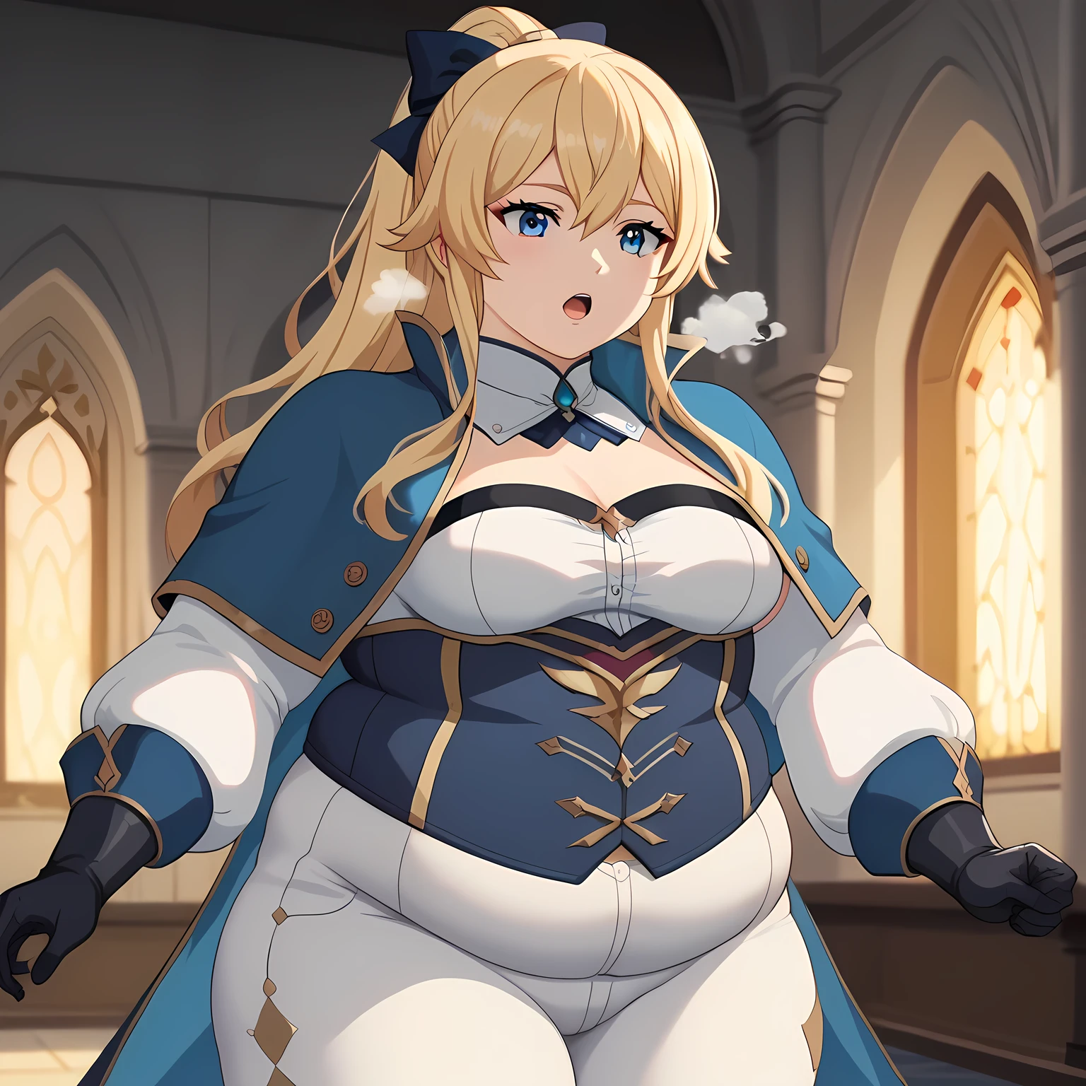 masterpiece, best quality, (anime screencap), 1woman, 1girl, jeangunnhildr, blonde hair, long hair, bangs, ponytail, blue eyes, ((young female, sexy body, medium breasts)), black gloves, blue capelet, corset, detached sleeves, strapless, white pants, natural shading, lighting, showcase, indoors, castle, simple backround, fat, chubby, obese, gigantic arms and legs, large breasts open mouth, out of breath