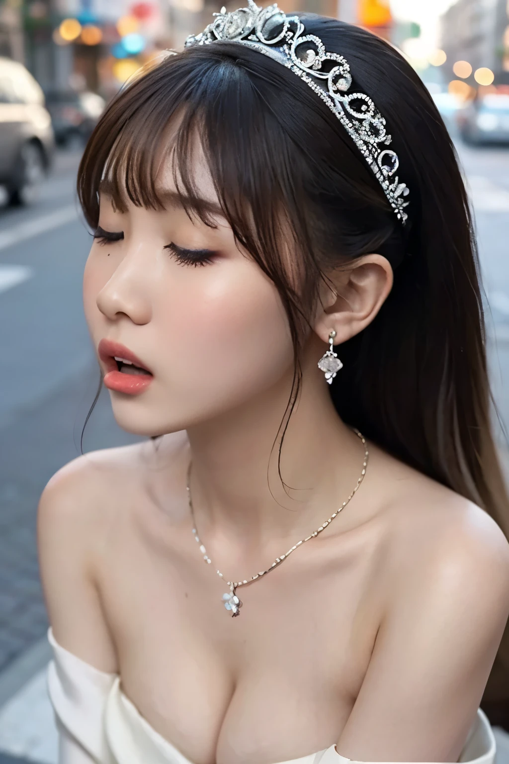 face focus, Open Your Mouth Wide, I have a large amount of condensed milk in my mouth,Condensed milk dripping from mouth, Off the street, seductive woman,On the floor, close your eyes, off-the-shoulder wedding dress, Adult female,  Small breasts, Cleavage, Anatomically Accurate, high resolution model, Sweaty face, Gorgeous tiara, necklace, earrings for a woman alone, blonde ombre hair