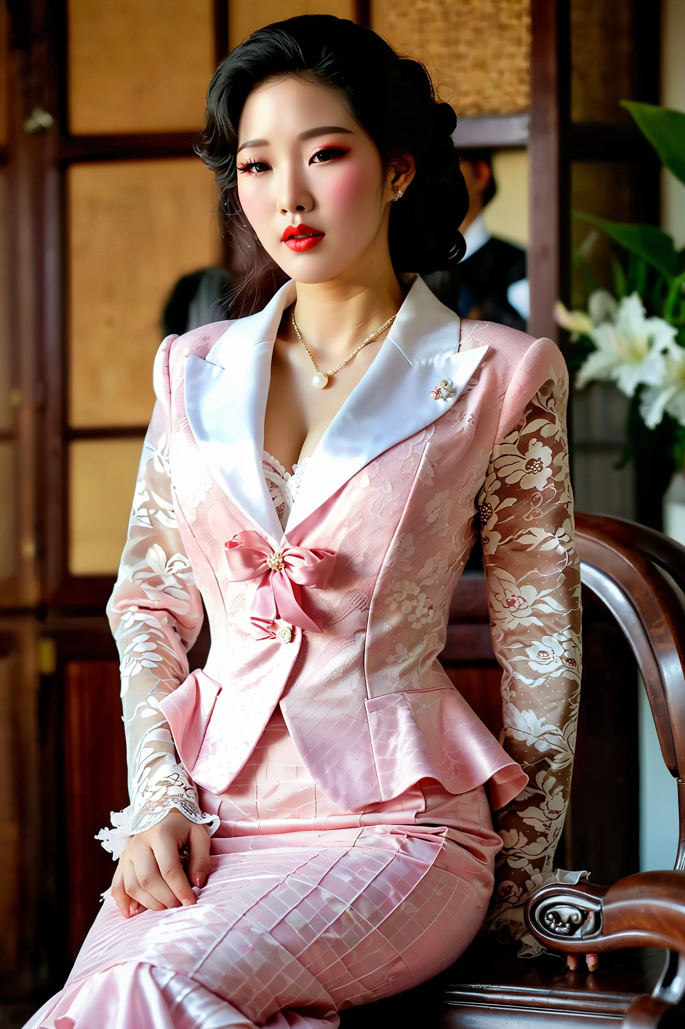 A Korean man in ladies vintage suit dress, he is crossdresser, big breasts like a woman, slender female body, His hairstyle is short and manly, white and pink, long sleeves, Rich lace and frills, cropped jacket, mermaid skirt, tweed, sit quietly