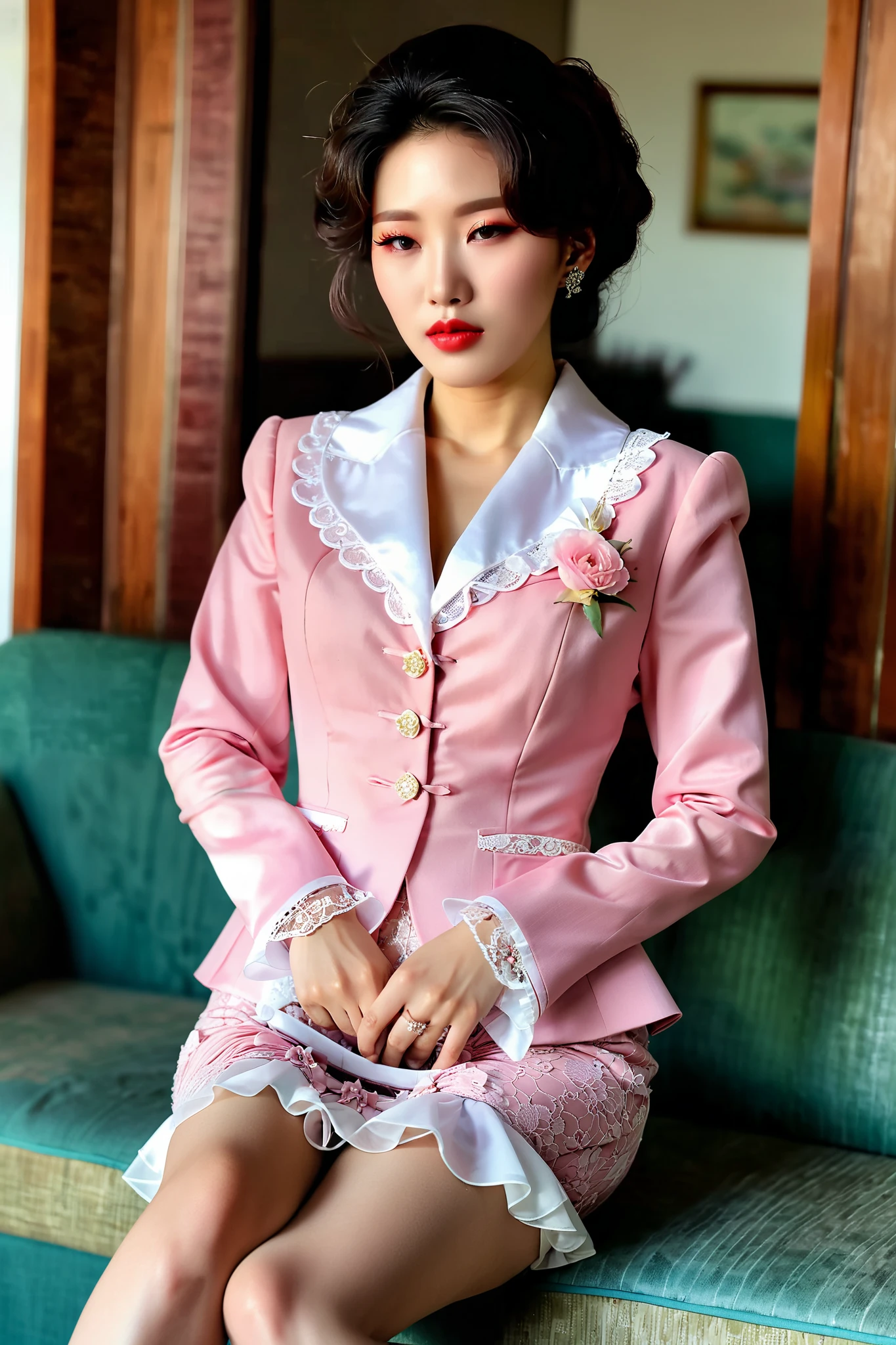 A Korean man in ladies vintage suit dress, he is crossdresser, big breasts like a woman, slender female body, His hairstyle is short and manly, white and pink, long sleeves, Rich lace and frills, cropped jacket, mermaid skirt, tweed, sit quietly