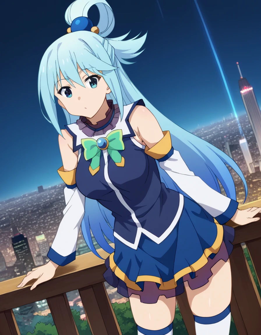 score_9, score_8_up, score_7_up, source_anime,
konosubaaqua, aqua \(konosuba\), long hair, blue eyes, hair ornament, very long hair, blue hair, hair rings, single hair ring, hair bobbles,
skirt, shirt, thighhighs, bare shoulders, detached sleeves, white thighhighs, blue skirt, blue shirt, green bow,
outdoors, cityscape, bent over,
looking at viewer, cowboy shot, dutch angle,