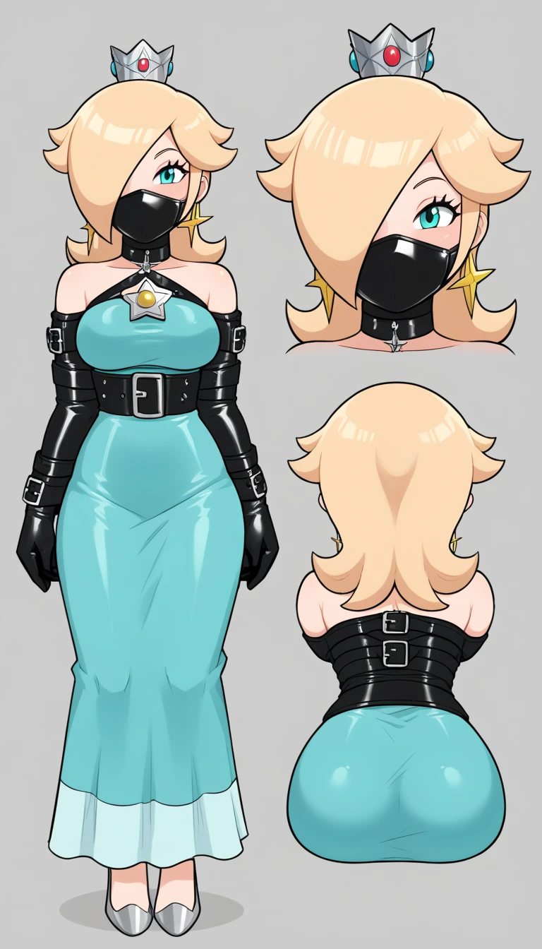 score_9, score_8_up, score_7_up, 1 girl,  rosalina from súper mario lore, (rosalina dress outfit), flirt, gaze, sexy look, half-closed eyes, (full bodies in view), perfect proportions, simple background. standing,  belt bondage, bound arms, arms behind back, tight mask, black mask, (armbinder: 1.4), ((charactersheet, reference sheet, multiple views)), ((character design sheet, same character, front, side, back)), (leather mask), complete body .