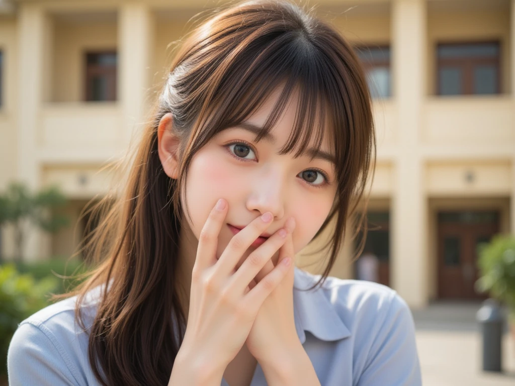 8k, raw photo, best quality, masterpiece, realistic, photo realistic, clear, professional lighting, beautiful face, best quality,ultra high res, realistic japanese beautiful, Super detailed, 1girl, indoor, reaching, foreshortening, perspective, dynamic angle