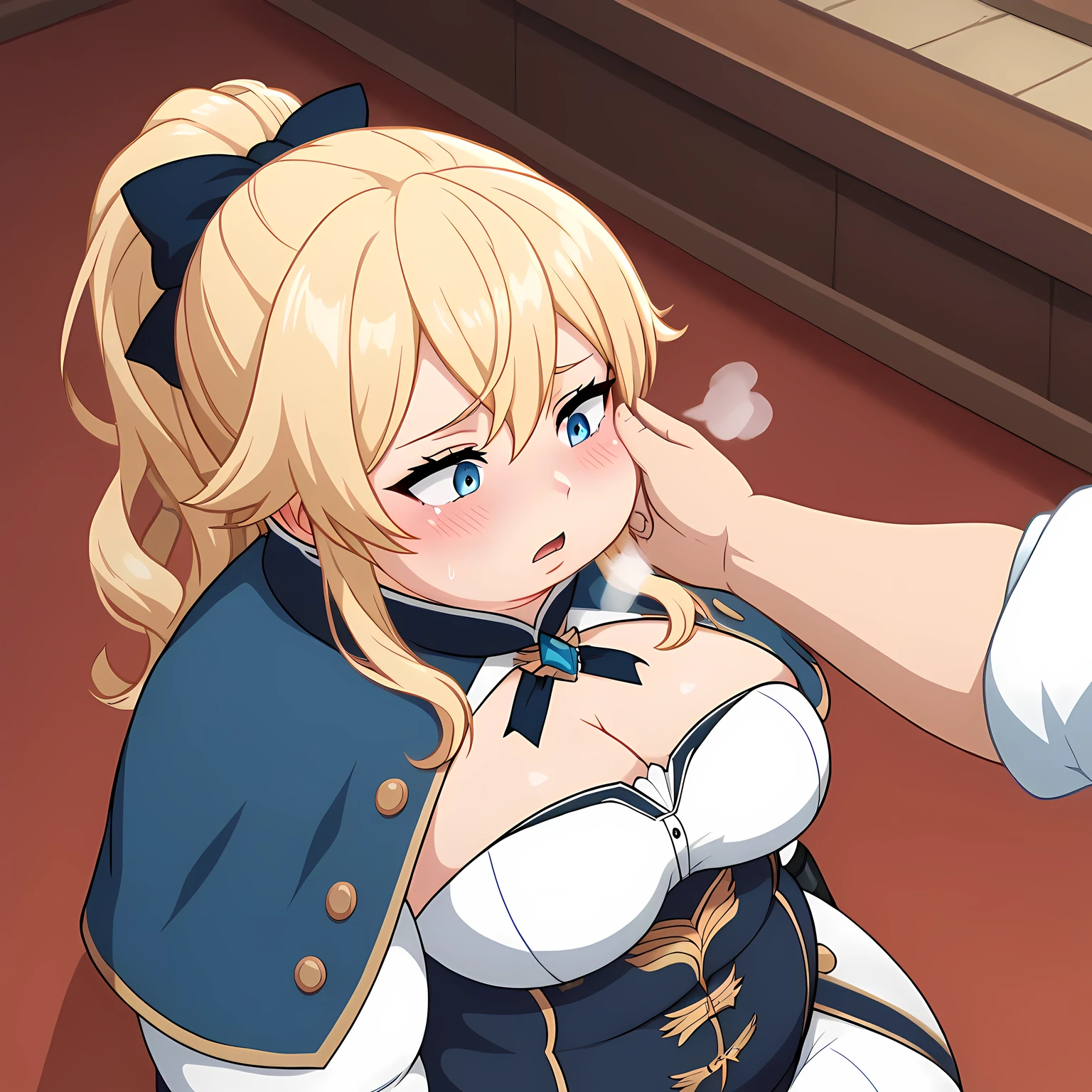 masterpiece, best quality, (anime screencap), 1woman, 1girl, jeangunnhildr, blonde hair, long hair, bangs, ponytail, blue eyes, ((young female, sexy body, medium breasts)), black gloves, blue capelet, corset, detached sleeves, strapless, white pants, natural shading, lighting, showcase, indoors, castle, simple backround, swollen face, fat, chubby, obese, open mouth, out of breath, absurdres, highres icon, rating:General, confused, blush, {flustered}, nervous sweating, portrait, pov hands, hand on another's cheek, averting eyes, [looking away], straight-on, from above,  upper body, masterpiece, best quality, ultra-detailed, high resolution, 8K, 