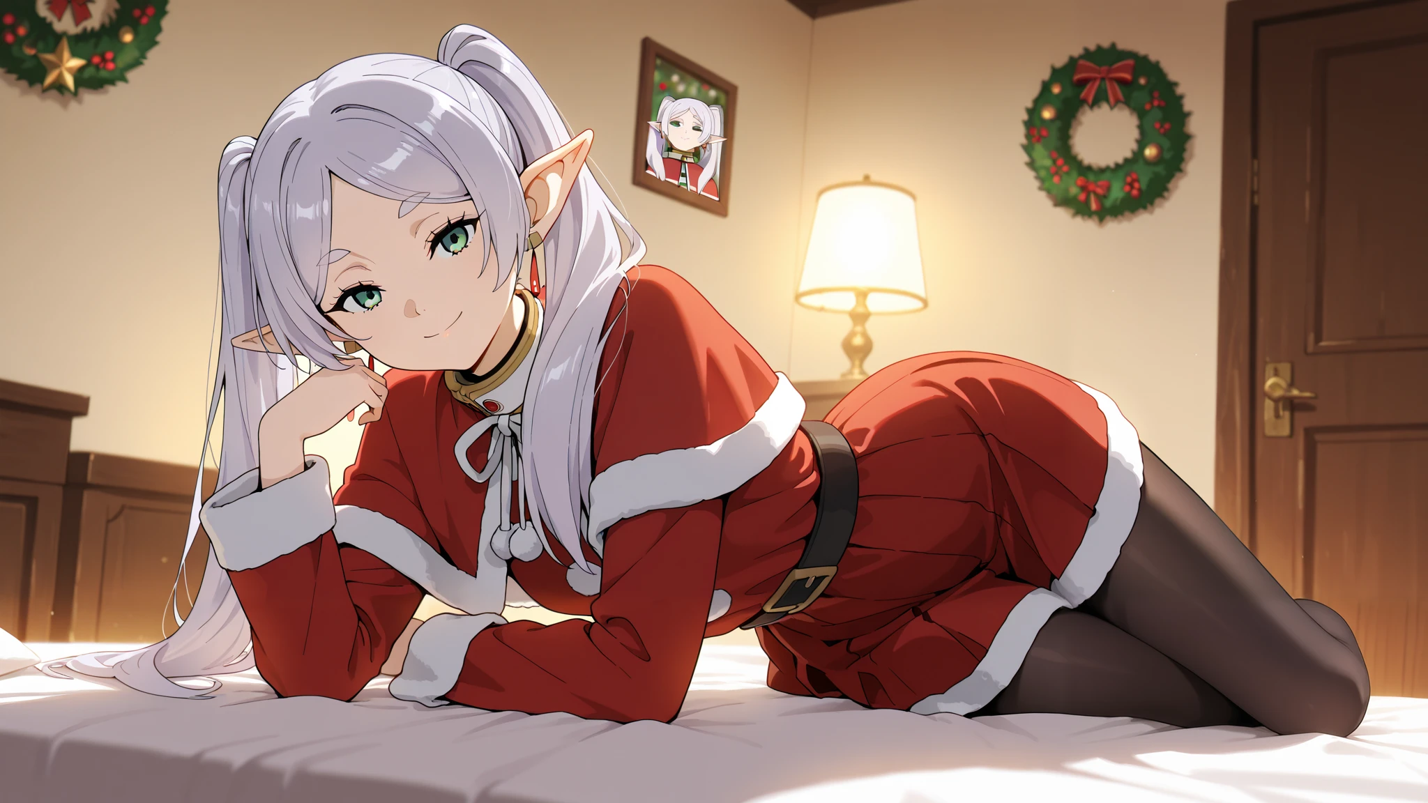 (masterpiece), best quality, absurdres, very aesthetic, looking at the viewer, nice hands, 1 girl,zzFrieren, long hair, smile,  twintails, green eyes, grey hair, pointy ears, elf, zzFrieren, long hair, twintails, green eyes, grey hair, pointy ears, elf, shirt, long sleeves, jewelry, earrings, red capelet santa , christmas, santa costume, room decoration, christmas decorated room, pose in bed, red skirt, black pantyhose,