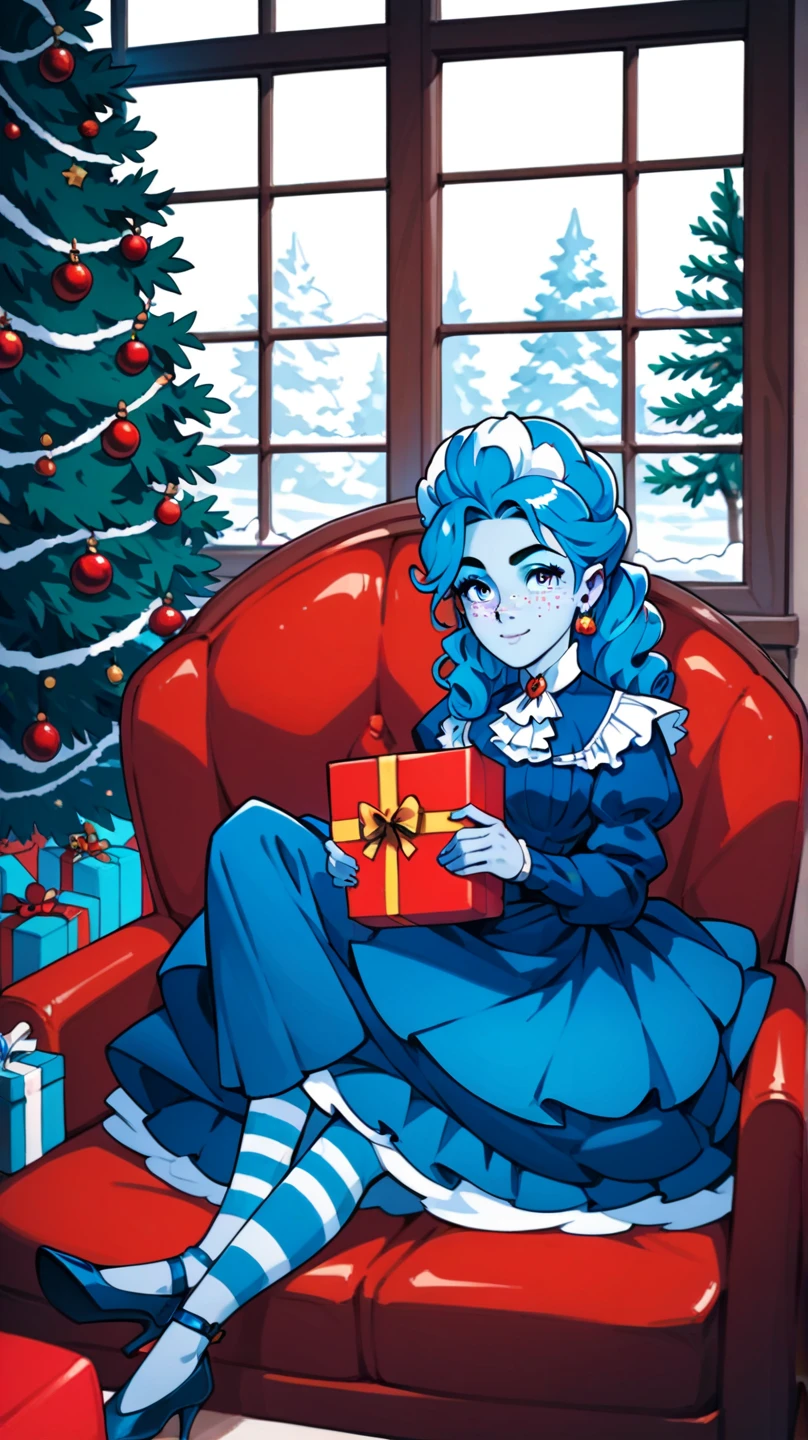 masterpiece, frankelda, 1girl, solo, dress, striped, blue hair, puffy sleeves, high heels, colored skin, freckles, xmas, victorian indoors, xmas tree, pile of xmas gifts around, snow in window, sitting in a red couch