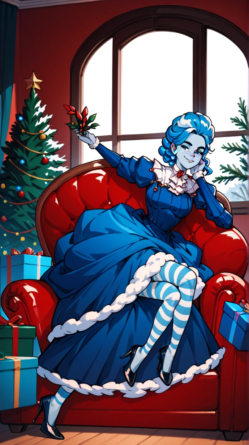 masterpiece, frankelda, 1girl, solo, dress, striped, blue hair, puffy sleeves, high heels, colored skin, freckles, xmas, victorian indoors, xmas tree, pile of xmas gifts around, snow in window, sitting in a red couch