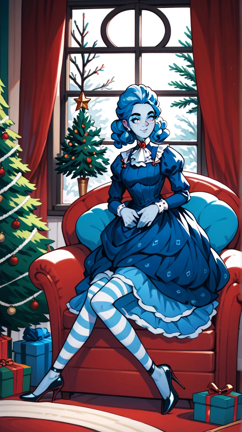 masterpiece, frankelda, 1girl, solo, dress, striped, blue hair, puffy sleeves, high heels, colored skin, freckles, xmas, victorian indoors, xmas tree, pile of xmas gifts around, snow in window, sitting in a red couch