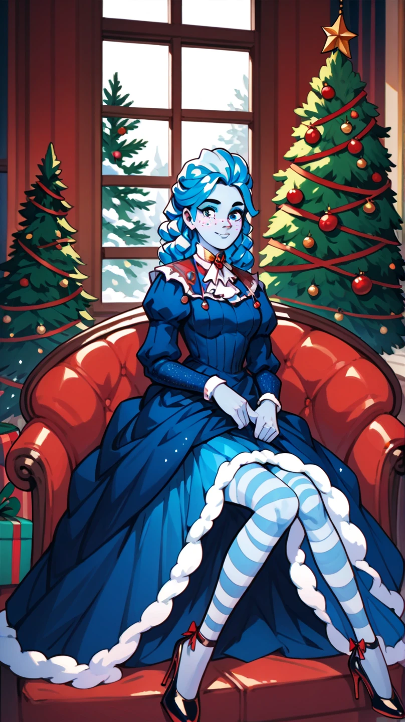 masterpiece, frankelda, 1girl, solo, dress, striped, blue hair, puffy sleeves, high heels, colored skin, freckles, xmas, victorian indoors, xmas tree, pile of xmas gifts around, snow in window, sitting in a red couch