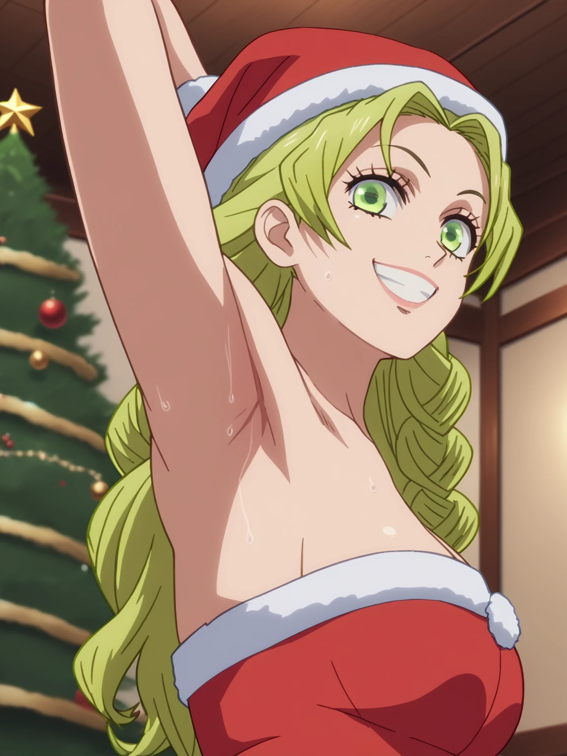 score_9, score_8_up, score_7_up, source_anime, anime screencap, 1girl, solo, kanroji, long hair,pink green hair, green eyes, parted bangs, Santa costume, red costume, strapless, Santa hat, arm up, raised arm, armpit, looking at viewer, head towards viewer, smile, teeth, badhandv4, indoors, Christmas tree, from side, from below, kabedon, pinning down viewer , sweaty armpits