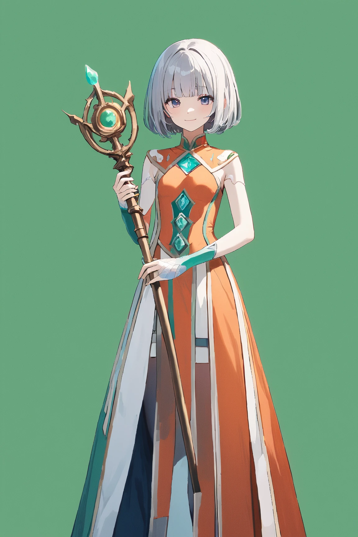 (green background:1.3), No wind, character sprite, (wide shot::0.7), Break, 
1 girl, (cute face), Neat, cool Look, light smile, 18 years old, , 160 cm tall,, (porcelain skin), Standing, feet out of frame, Silvery medium hair,  medium Bob, gray eyes, small breasts, slender, slim, Blue Healing Magician Outfit, short length skirt, white over-kneehighs, holding a Magical long staff, Break, 
(green background:1.3), No wind, high fantasy, game cg, absurdres,  highres icon, ultra detailed, beautiful, masterpiece, best quality,