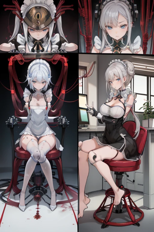 top-quality、Full limbs、complete fingers、1 beautiful woman,(ideal ratio body proportions:1.5), beautiful detailed face, perfect feminine face,Small and beautiful eyes,Droopy eyes, gray eyes,sweat、Slender beauty、straight haired、silver hair、(naughty expression:1.7),(german Maid Uniform:1.5)、(coverd nipples:0.5)、very skinny、cleavage、White pantyhose、(factory、Mechanical Prototype room:1.4)、used condom、vulgarity、spoken heart、(tan:1.5)、 (sitting a restraint metal chair:1.6), (show off armpit:-0.0), (Machine joints:1.9),((Mechanically cut muscle blue blood vessels connected to tubes:1.5),(Mechanical cervical spine attached to the neck:1.5),(Wires and cables connected to the head and torso:1.8),