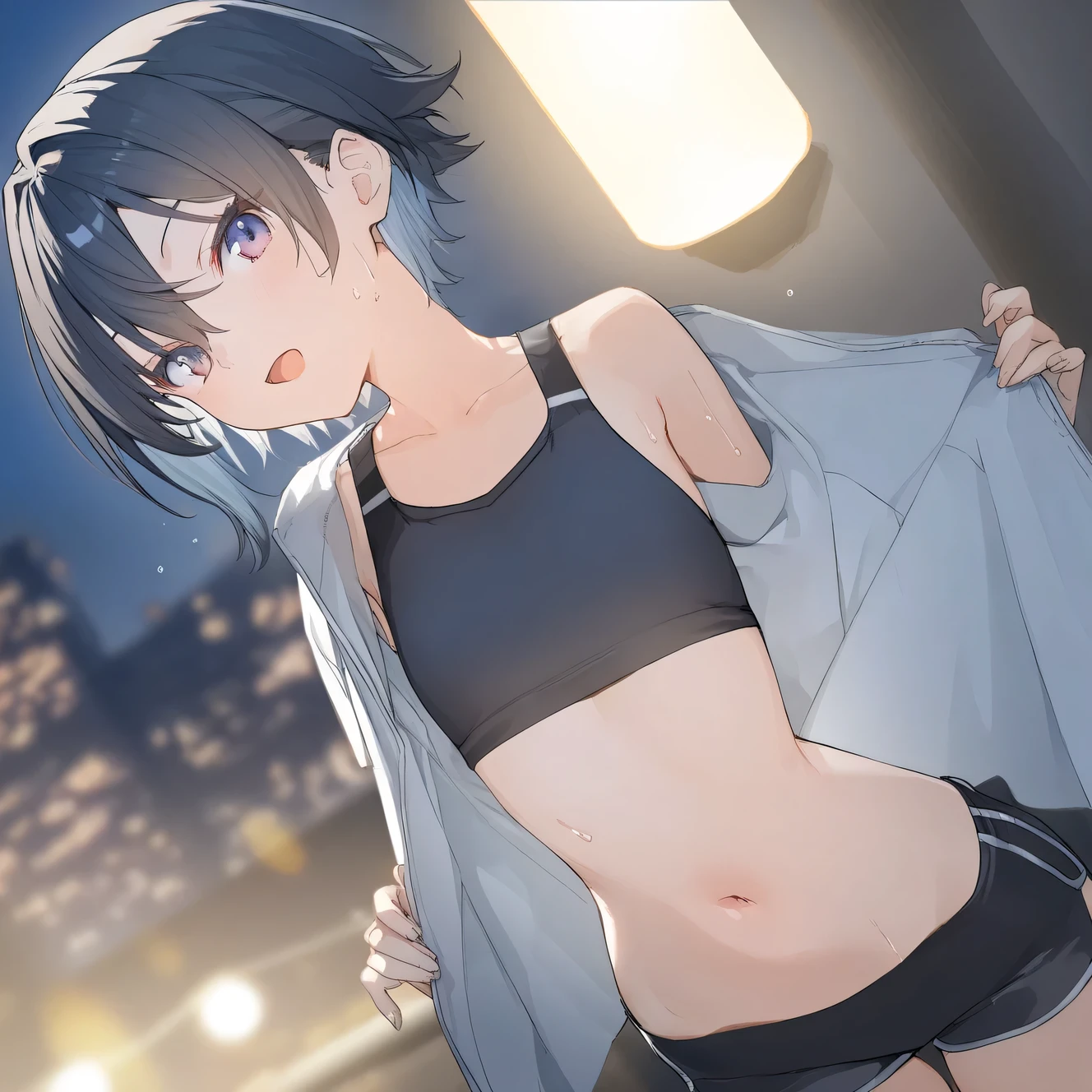1girl, female, tomboy, flat chest, sweat, shorts, beautiful detailed eyes,open mouth, outdoors,wind, game CG, break,(artist:akinashi_yuu),artist:fujiyama,artist:artist:yuugen,break,(masterpiece), (best quality), (ultra-detailed),(Detailed Lighting), very aesthetic, newest, beauty illustration,super detailed skin, (masterpiece), (best quality), (ultra-detailed), very aesthetic lighting,newest ,hi res,absurd_res,shiny skin,2023,(shaded),digital media (artwork), realistic lighting, 16k, 8k,highres, source_anime, official_art, photoshop_(medium)