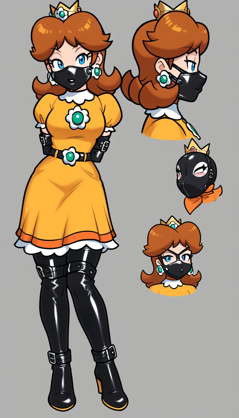 score_9, score_8_up, score_7_up, 1 girl,  princess daisy from súper mario lore, (daisy dress outfit), flirt, gaze, sexy look, half-closed eyes, (full bodies in view), perfect proportions, simple background. standing,  belt bondage, bound arms, arms behind back, tight mask, black mask, (armbinder: 1.4), ((charactersheet, reference sheet, multiple views)), ((character design sheet, same character, front, side, back)), (leather mask), complete body .