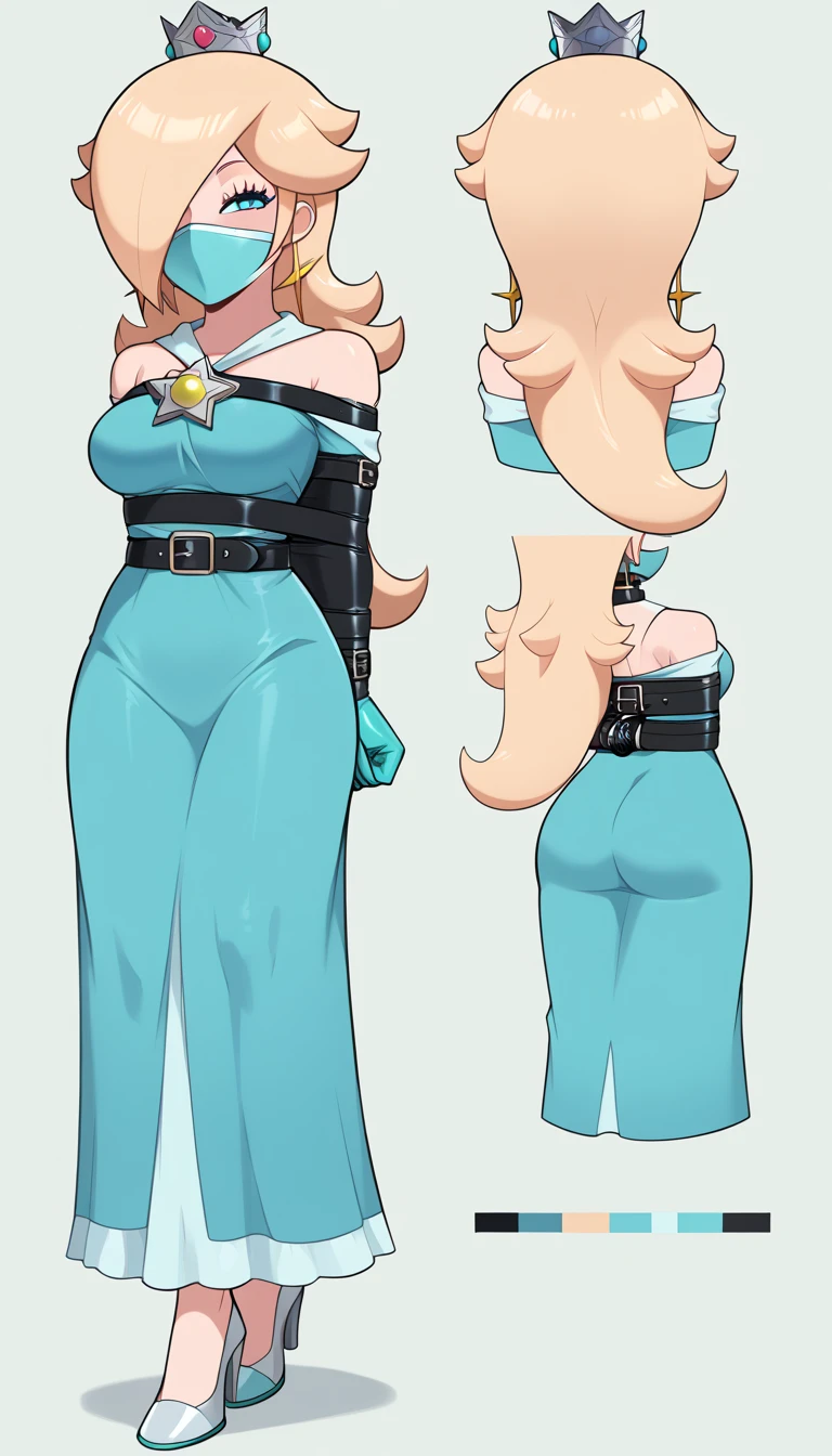 score_9, score_8_up, score_7_up, 1 girl,  rosalina from súper mario lore, (rosalina dress outfit), flirt, gaze, sexy look, half-closed eyes, (full bodies in view), perfect proportions, simple background. standing,  belt bondage, bound arms, arms behind back, tight mask, black mask, (armbinder: 1.4), ((charactersheet, reference sheet, multiple views)), ((character design sheet, same character, front, side, back)), (leather mask), complete body .