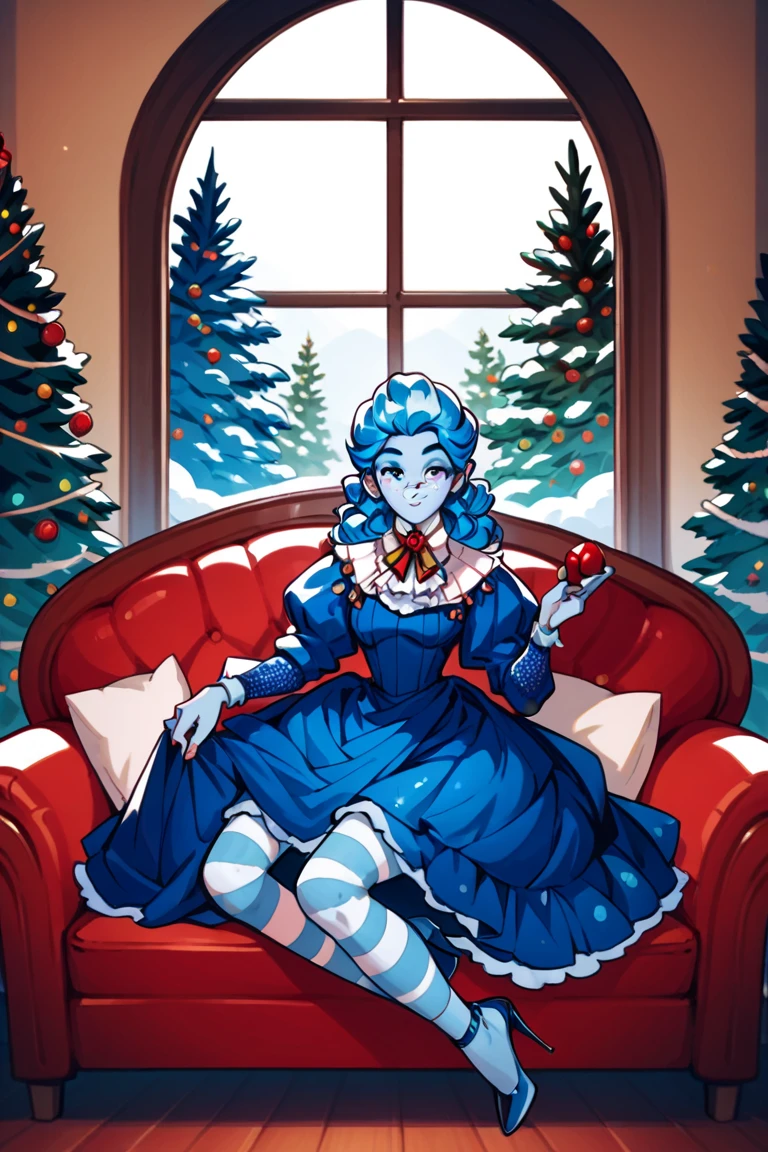 masterpiece, frankelda, 1girl, solo, dress, striped, blue hair, puffy sleeves, high heels, colored skin, freckles, xmas, victorian indoors, xmas tree, pile of xmas gifts around, snow in window, sitting in a red couch