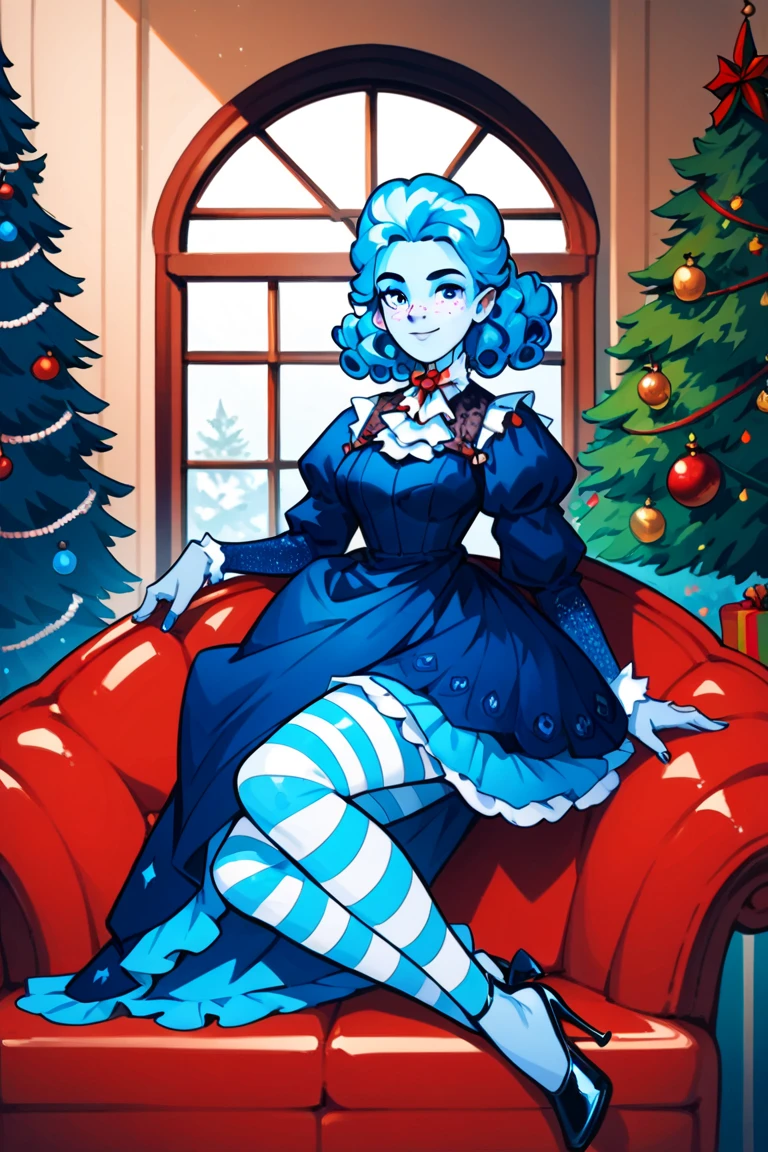 masterpiece, frankelda, 1girl, solo, dress, striped, blue hair, puffy sleeves, high heels, colored skin, freckles, xmas, victorian indoors, xmas tree, pile of xmas gifts around, snow in window, sitting in a red couch