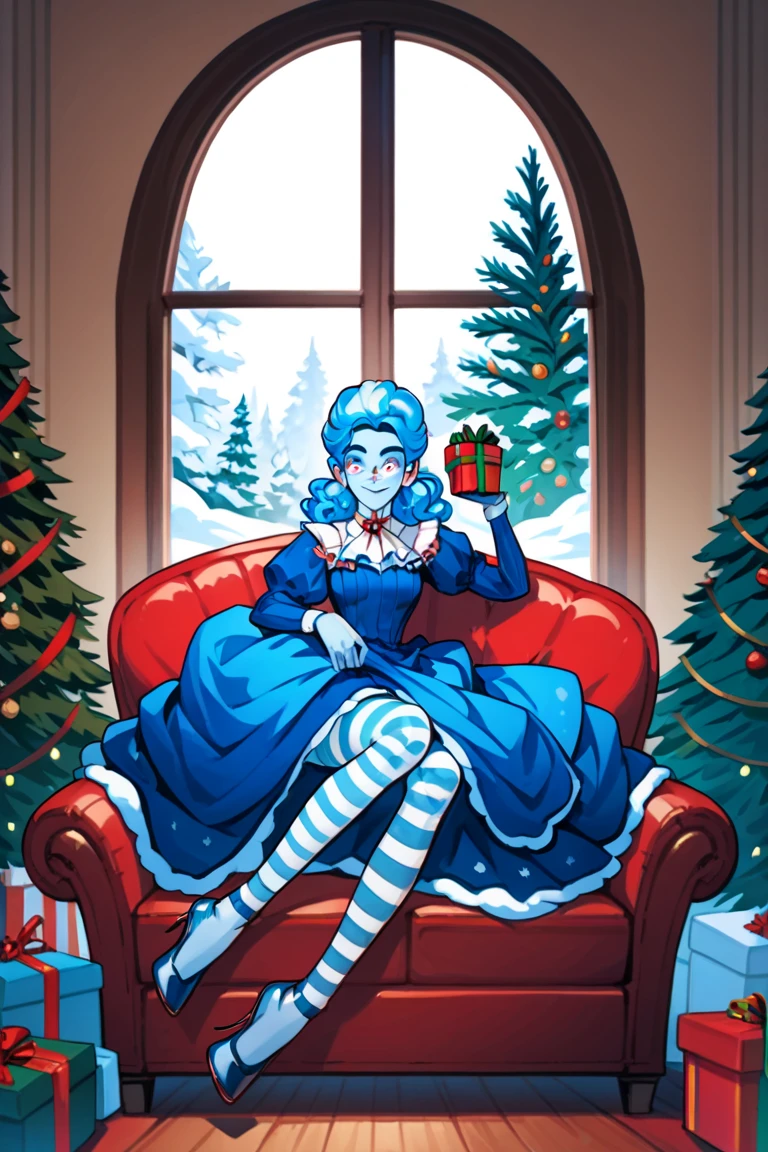 masterpiece, frankelda, 1girl, solo, dress, striped, blue hair, puffy sleeves, high heels, colored skin, freckles, xmas, victorian indoors, xmas tree, pile of xmas gifts around, snow in window, sitting in a red couch