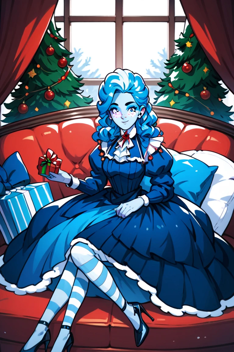 masterpiece, frankelda, 1girl, solo, dress, striped, blue hair, puffy sleeves, high heels, colored skin, freckles, xmas, victorian indoors, xmas tree, pile of xmas gifts around, snow in window, sitting in a red couch