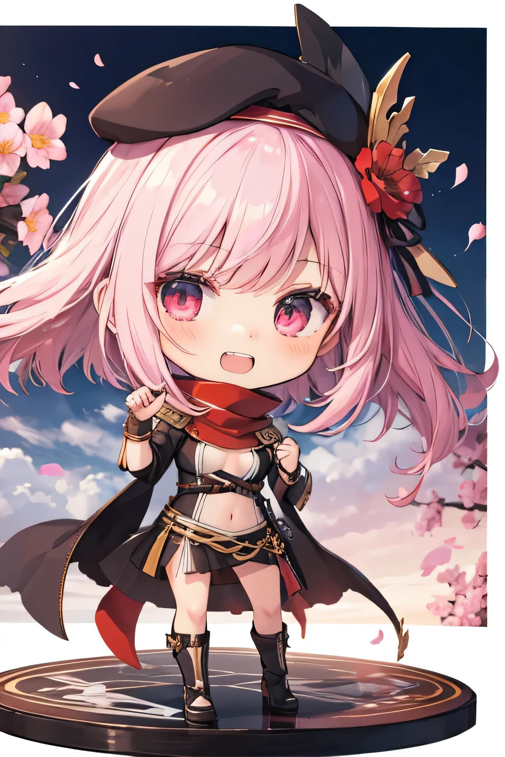 happy girl ( showing teeth), standing, combat pose,  pink hair color,  mmorpg background ,  mmorpg background (A stranger), complete anatomy,   graphic effects ,  ornament of an accessory shaped like a flower on her head, aura, white beret, Katar weapon , red scarf, height 159 cm  ( 5 feet 3 inches ),  summoning circle,  castea skill Sonic Blow( ragnarok online ), Blue Fire Force +vapor,  fire around, strong breeze ,  sakura petals and leaves, primera persona, blush,  looking at the spectator , Charm, Pausa de toque ciego  looking at the spectator ,  anime style very detailed face, 8K, light and shadow effect.  masterpiece,  The best quality , fullbody, Chibi, , (change:1.2), Nendoroide, PVC models 