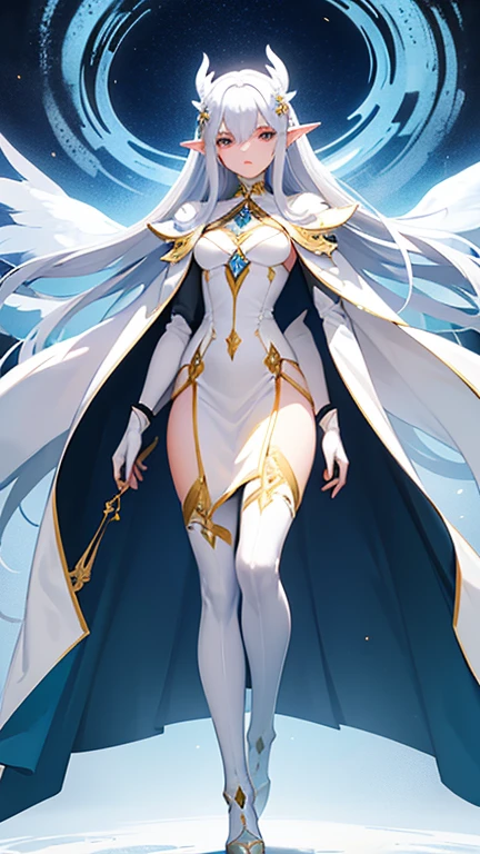tall woman, skin fair, long white hair, ángel wings, paladin&#39;s armor, holding large sword with hands, golden eyes with a cross in their iris, intimidating presence, field of battle