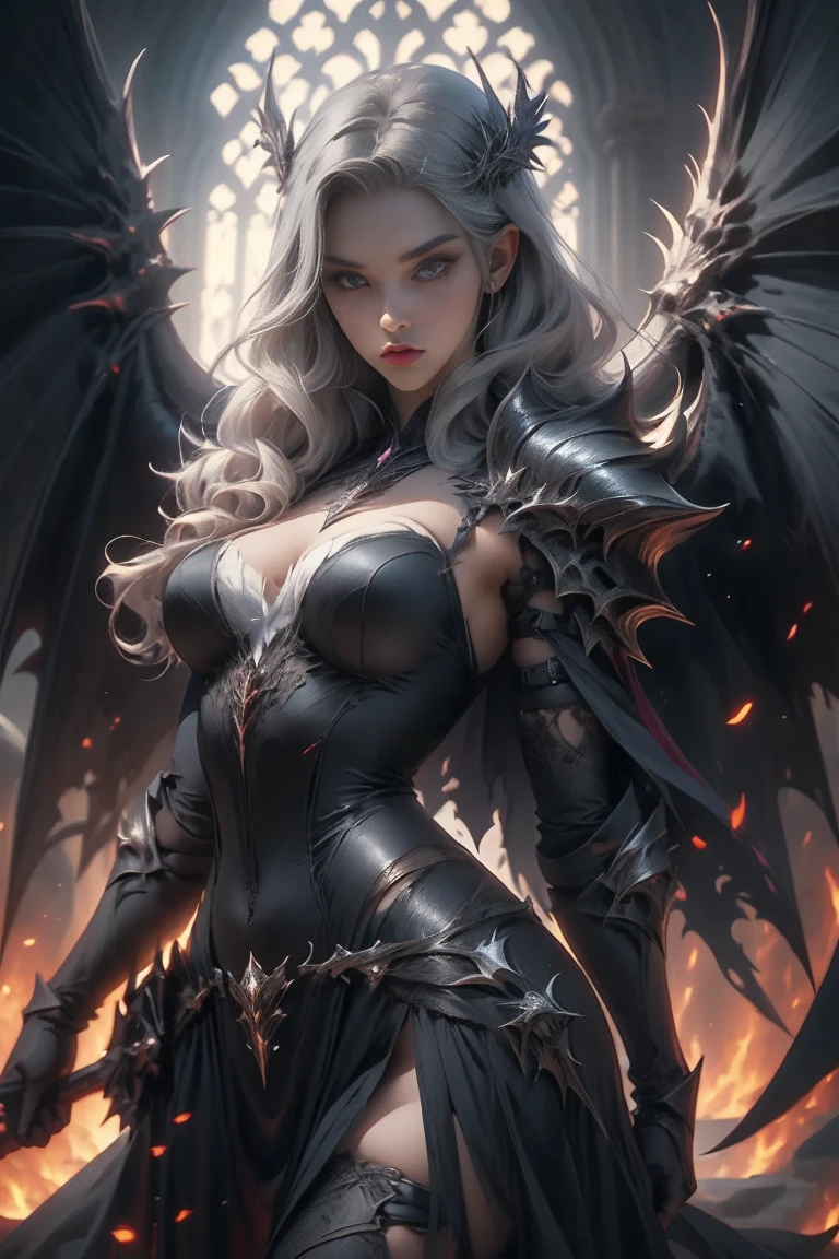 a woman in armor holding a sword and a sword, angel knight gothic girl, villainess has black angel wings, detailed fantasy art, angel knight girl, epic fantasy art style hd, 4k fantasy art, dark armor, stunning armor, hd fantasy art, deathknight, 8k fantasy art, highly detailed fantasy art, wow 4 k detail fantasy, dark angel