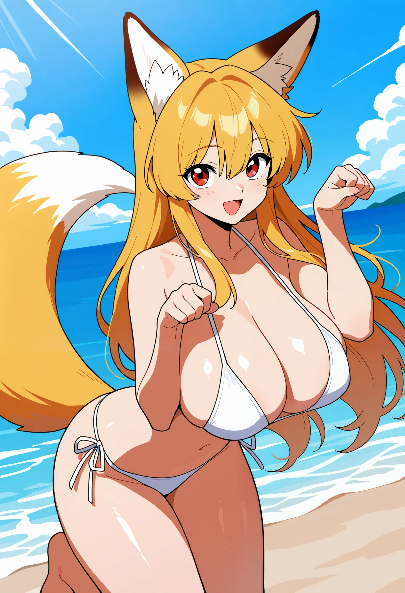 masterpiece, best quality, very aesthetic, absurdres, (1990s (style):0.2), cowboy shot, solo, big eyes, fox girl, paw pose, fox ears, fox tail, blonde hair, hair between eyes, om one leg, sole, red eyes, :d, huge breasts, white bikini, smile, beach, sea, blue sky, looking at viewer, (from side:0.5)