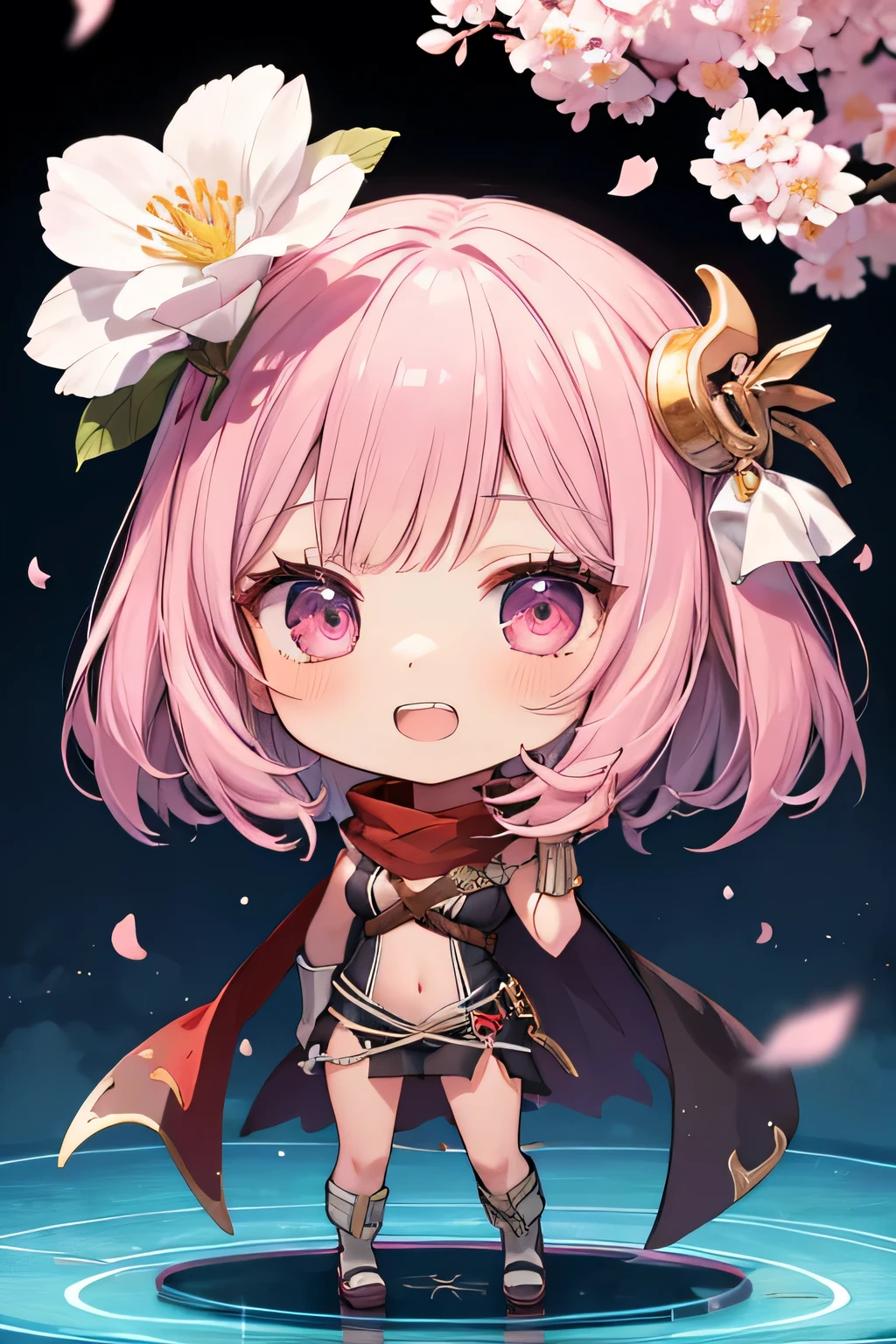 happy girl ( showing teeth), standing, combat pose,  pink hair color,  mmorpg background ,  mmorpg background (A stranger), complete anatomy,   graphic effects ,  ornament of an accessory shaped like a flower on her head, aura, white beret, Katar weapon , red scarf, height 159 cm  ( 5 feet 3 inches ),  summoning circle,  castea skill Sonic Blow( ragnarok online ), Blue Fire Force +vapor,  fire around, strong breeze ,  sakura petals and leaves, primera persona, blush,  looking at the spectator , Charm, Pausa de toque ciego  looking at the spectator ,  anime style very detailed face, 8K, light and shadow effect.  masterpiece,  The best quality , fullbody, Chibi, , (change:1.2), Nendoroide, PVC models 