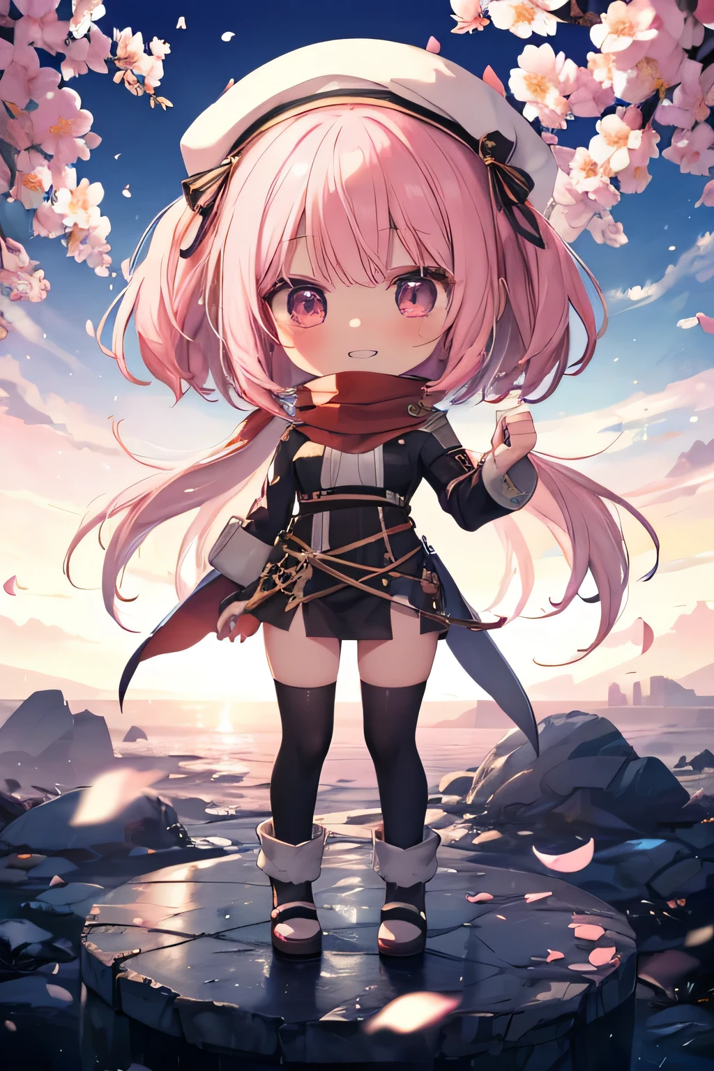 happy girl ( showing teeth), standing, combat pose,  pink hair color,  mmorpg background ,  mmorpg background (A stranger), complete anatomy,   graphic effects ,  ornament of an accessory shaped like a flower on her head, aura, white beret, Katar weapon , red scarf, height 159 cm  ( 5 feet 3 inches ),  summoning circle,  castea skill Sonic Blow( ragnarok online ), Blue Fire Force +vapor,  fire around, strong breeze ,  sakura petals and leaves, primera persona, blush,  looking at the spectator , Charm, Pausa de toque ciego  looking at the spectator ,  anime style very detailed face, 8K, light and shadow effect.  masterpiece,  The best quality , fullbody, Chibi, , (change:1.2), Nendoroide, PVC models 