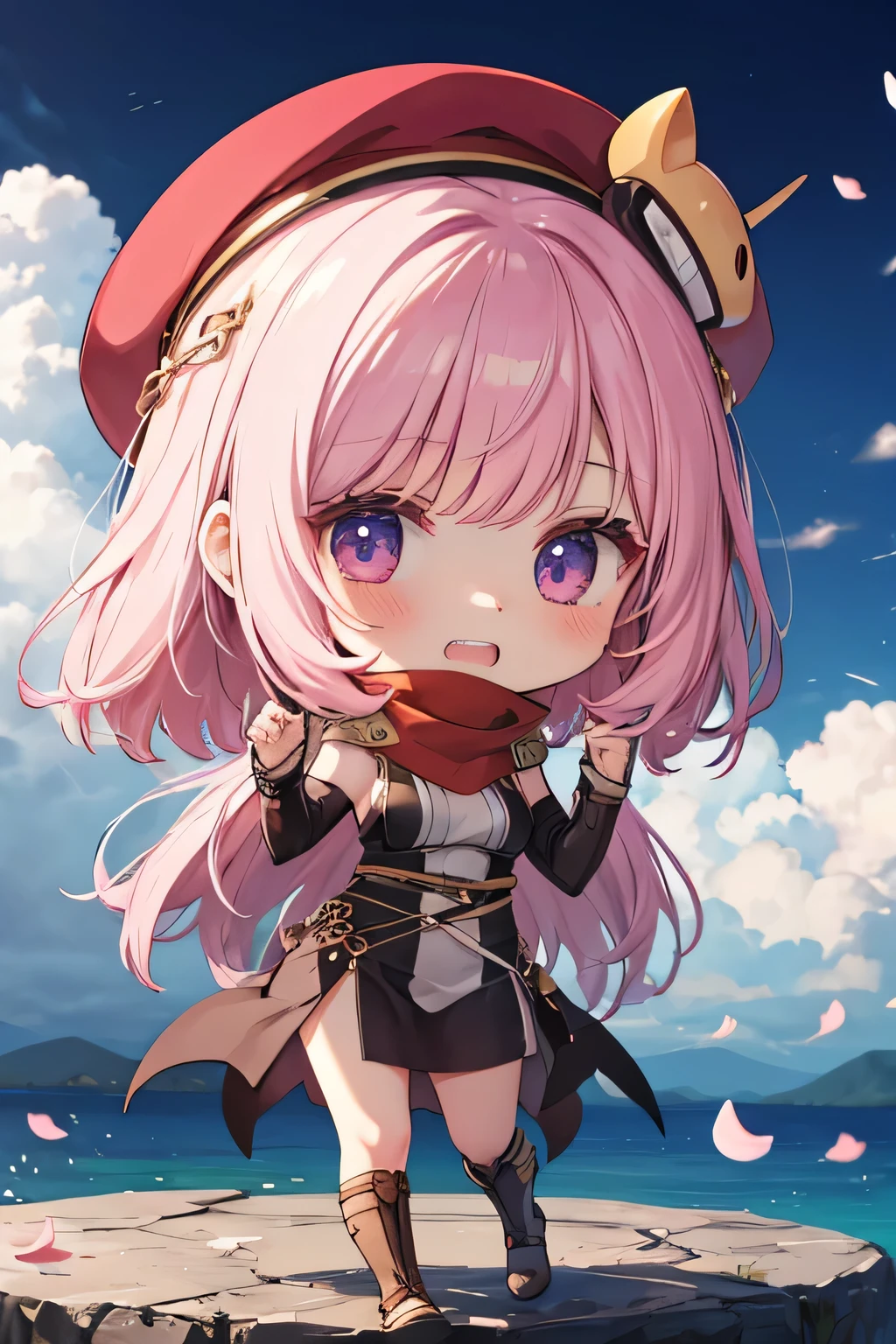 happy girl ( showing teeth), standing, combat pose,  pink hair color,  mmorpg background ,  mmorpg background (A stranger), complete anatomy,   graphic effects ,  ornament of an accessory shaped like a flower on her head, aura, white beret, Katar weapon , red scarf, height 159 cm  ( 5 feet 3 inches ),  summoning circle,  castea skill Sonic Blow( ragnarok online ), Blue Fire Force +vapor,  fire around, strong breeze ,  sakura petals and leaves, primera persona, blush,  looking at the spectator , Charm, Pausa de toque ciego  looking at the spectator ,  anime style very detailed face, 8K, light and shadow effect.  masterpiece,  The best quality , fullbody, Chibi, , (change:1.2), Nendoroide, PVC models 