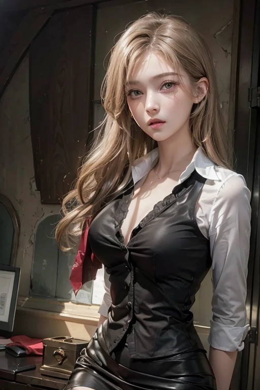 realistic, High resolution, soft light,1 female, alone, hip up, glowing skin, (detailed face),tattoo, jewelry, Secretarial Uniform, white shirt, black skirt, black stockings, garter belt, night, blonde hair, wavy hair, Beautiful Soldier, Eyes that invite the viewer, lover's perspective, an inviting look, sexy smile, perfect style, perfect balance, fine skin, naughty look, I can see your chest