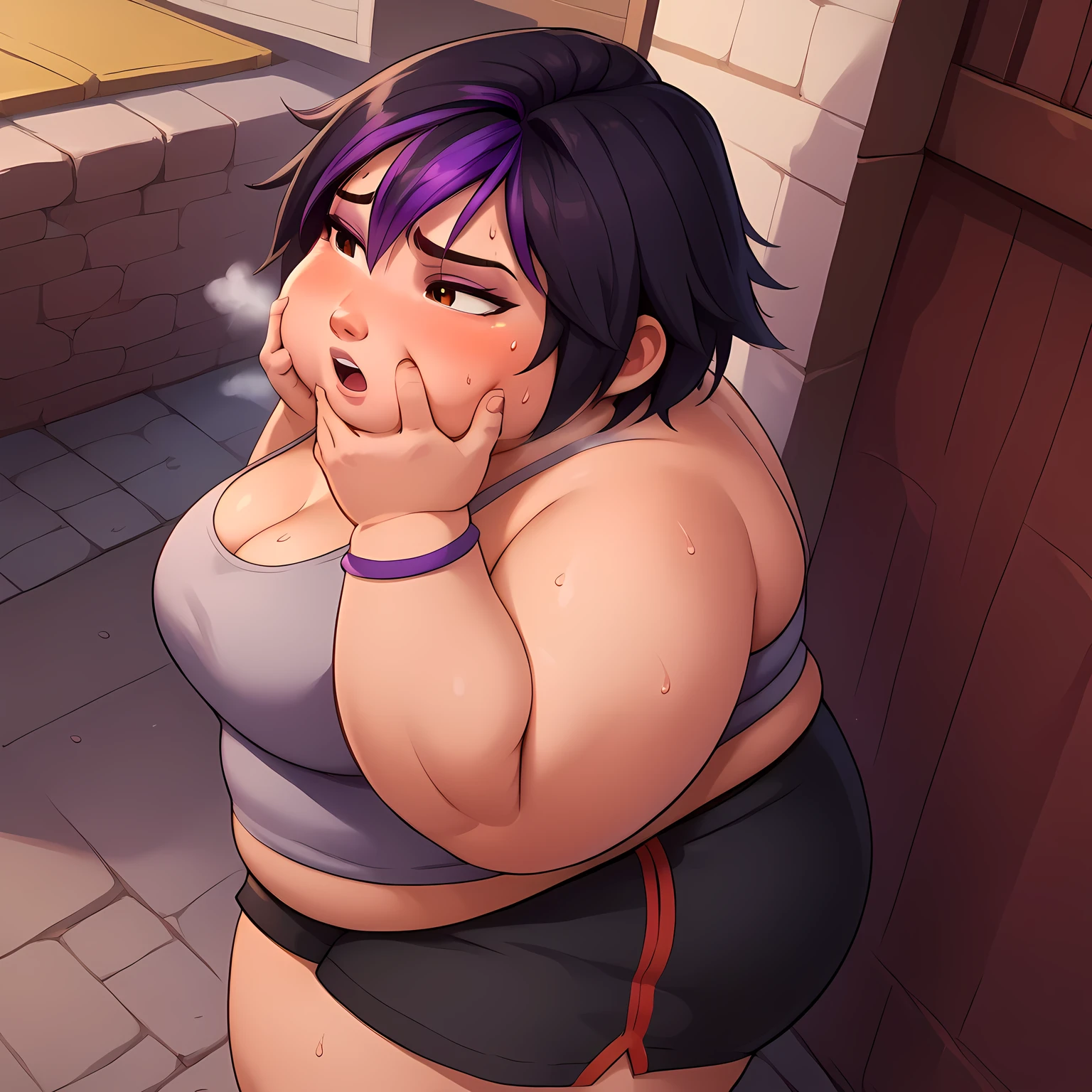 score_9, score_8_up, score_7_up, BREAK,gogotomago, 1girl, solo, short hair, black hair, jewelry, lo purple hair, bracelet, makeup, casual, cowboy shot, brown eyes, looking at the ground, large breasts,outdoors,city, hands on knees, grey tanktop, sweaty, black shorts, extausted, open mouth, dripping sweat, sweating purfusly, chin sweating, arms sweaty, breathing, steam coming out her mouth, side view, full body swollen face, fat, chubby, obese, open mouth, out of breath, absurdres, highres icon, rating:General, confused, blush, {flustered}, nervous sweating, portrait, pov hands, hand on another's cheek, averting eyes, [looking away], straight-on, from above,  upper body, masterpiece, best quality, ultra-detailed, high resolution, 8K, 