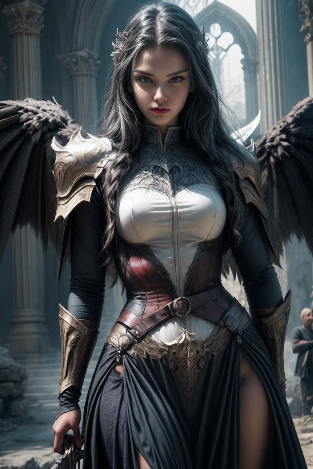 a woman in armor holding a sword and a sword, angel knight gothic girl, villainess has black angel wings, detailed fantasy art, angel knight girl, epic fantasy art style hd, 4k fantasy art, dark armor, stunning armor, hd fantasy art, deathknight, 8k fantasy art, highly detailed fantasy art, wow 4 k detail fantasy, dark angel