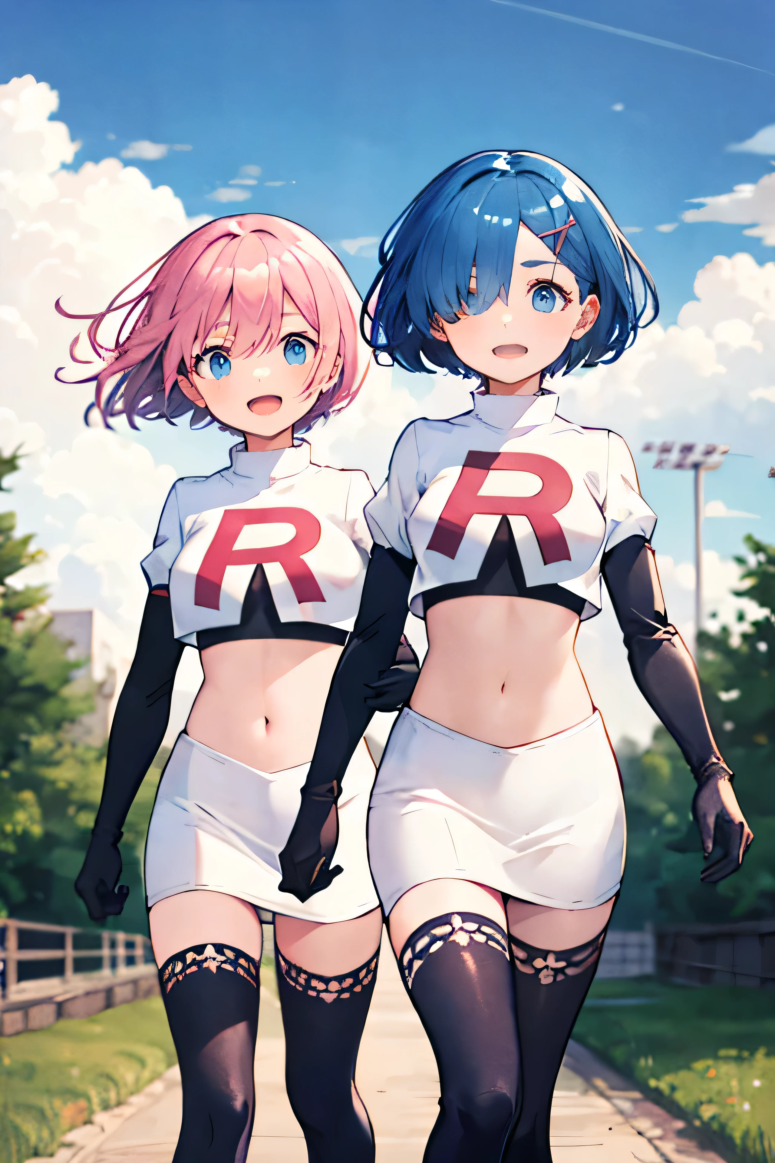 masterpiece,  best quality, High Agains,  two girls,Multiple Girls,aaAgainm,  short hair on the side of the uniform, blue hair,  blue eyes,  has hair on one eye, team rocket, team rocket uniform, Red letter R, White Skirt,White crop top,black thigh high boots,   Black Elbow Gloves  ,  (smile:1.1),  mouth on the palm of your hand, (Floating Hair:1.1), (wind:1.1), garden, Continued, BREAK
masterpiece,  best quality, High Agains, Ram1,  two girls, Multiple Girls,Ram \(Again:zero\),  Pink Hair,  short hair on the side of the uniform, Eyes Again,  has hair on one eye, Ribbon trim,   hair bow ,  x hair accessories,  team rocket, team rocket uniform, Red letter R, White Skirt,White crop top,black thigh high boots,   Black Elbow Gloves  , 