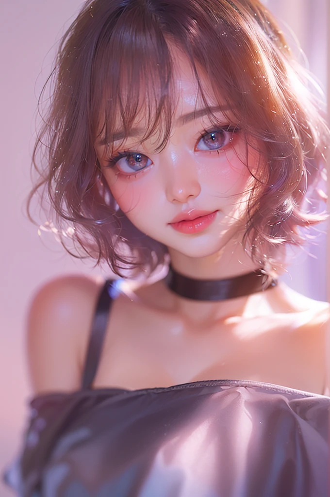 Best Quality, Masterpiece, Ultra High Resolution, (Realisticity: 1.4), Original Photo, 1girl, Pink Off-the-Shoulder, Cinematic Lighting