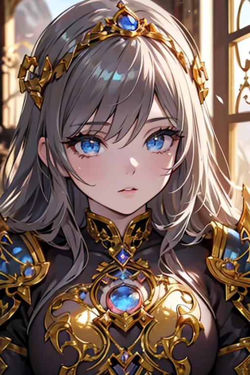 Reina, hero's axe, knight's armor, beautiful detailed eyes, beautiful detailed lips, extremely detailed eyes and face, long eyelashes, warrior woman, realistic portrait, highly detailed, intricate armor, detailed textures, shiny metallic surfaces, dramatic lighting, epic fantasy, cinematic composition, rich color palette, chiaroscuro lighting