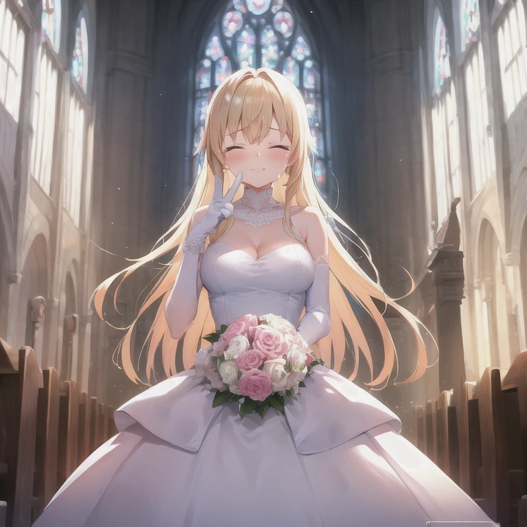 yuraautumn, ponytail, hair ribbon,
(masterpiece:1.4),(best quality:1.4), (amazing), (great illustration:1.4), (ultra-detailed:1.4), (art CG, 8K),1girl solo,(princess line wedding dress:1.4),(Happy Smile:1.4),(cry:1.2),KonishiCSA,church,Stained glass,holylight,
