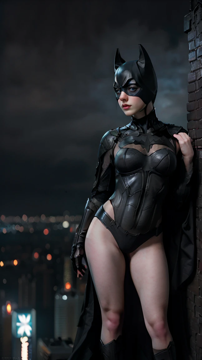 ((masterpiece, Highest quality, High resolution, Realistic, to be born, 8k wallpaper)),Standing in a bikini,Maika Monroe Batgirl, (Standing in Honor　shot）,Facing the camera in a menacing pose, Very hot and sexy, Great beauty, Perfect balance, Beautiful body, Slim body beauty: 1.4), Batman standing on a rooftop overlooking the city skyline at night, Gotham city background, nighttime in Gotham city, Gotham city, From the movie Batman, Gotham city double exposure, Gotham city style, Batman film still, metropolis filmic Gotham city, Cyberpunk Batman, Batman movie stills, Batman movie still cinematic, Gotham setting, Batman, Gotham,