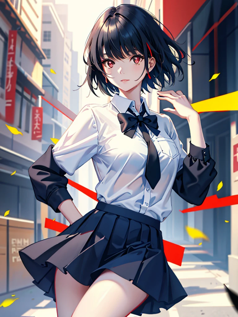  Activity Tracker,  Ridiculous Results ,original,and beautiful, beautiful and detailed eyes and face,girl,   unique , Big breasts,  black hair ,  red eyes ,  short hair , School Uniform,  white shirt ,  skirt, The lapel shirt , Short bangs,